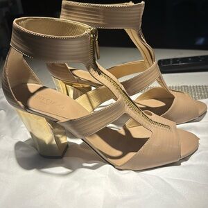 Nude leather gladiator sandals with gold heel by jimmy choo